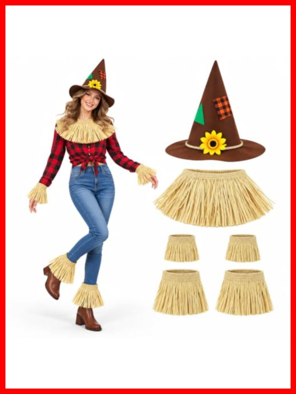Scarecrow Costume Accessory Set Felt Hat Straw Cuffs Halloween Cosplay